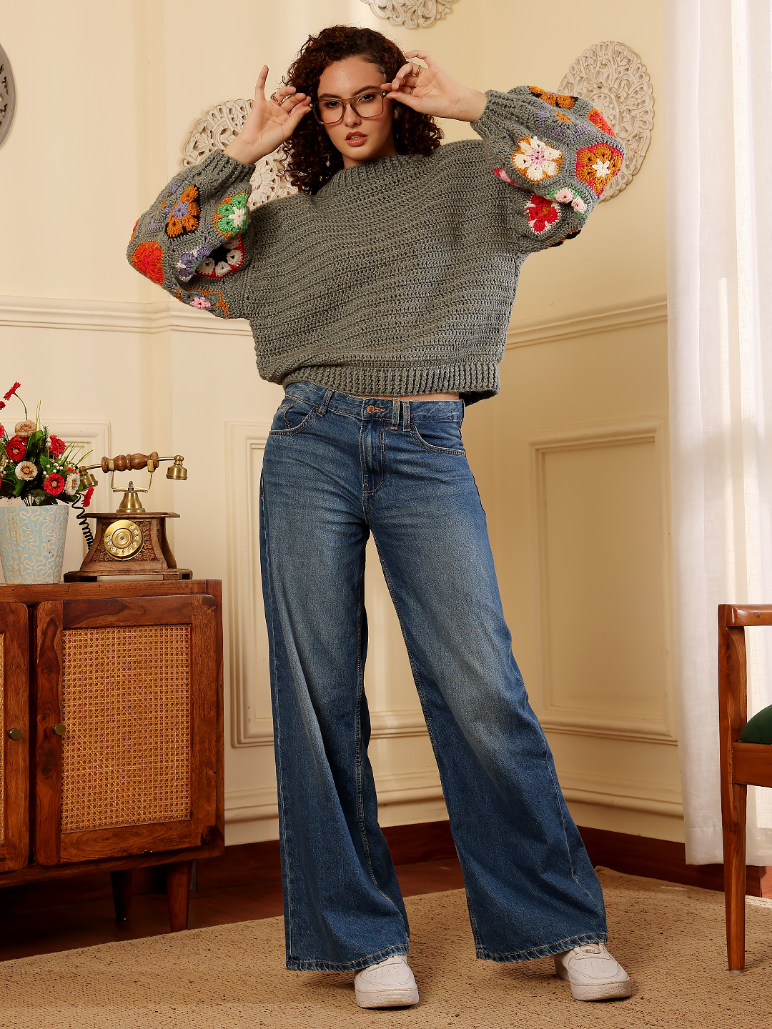 Crochet Pullover Sweater - Grey