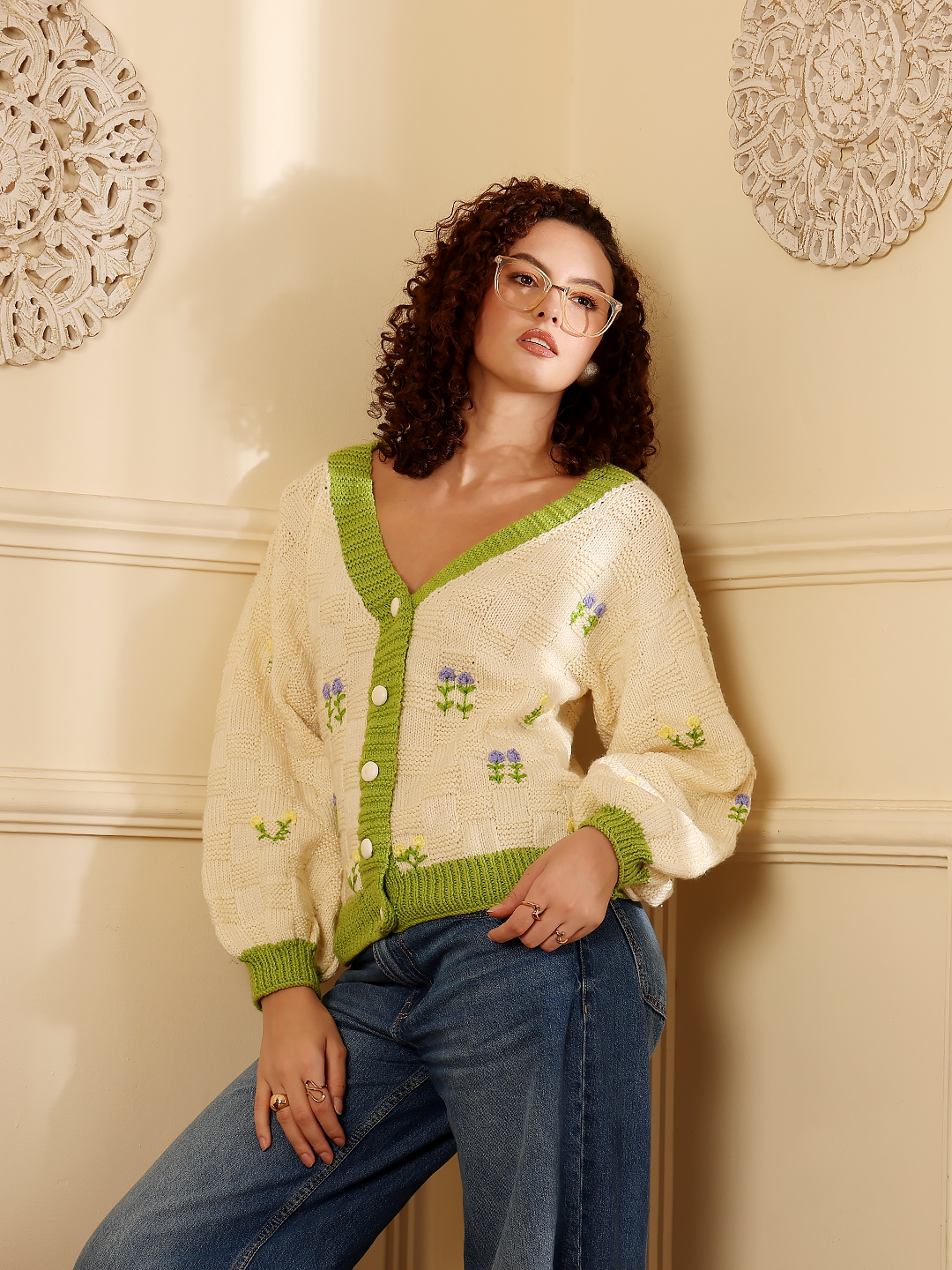 Drop Shoulder Korean Style V-Neck Sweater - Cream