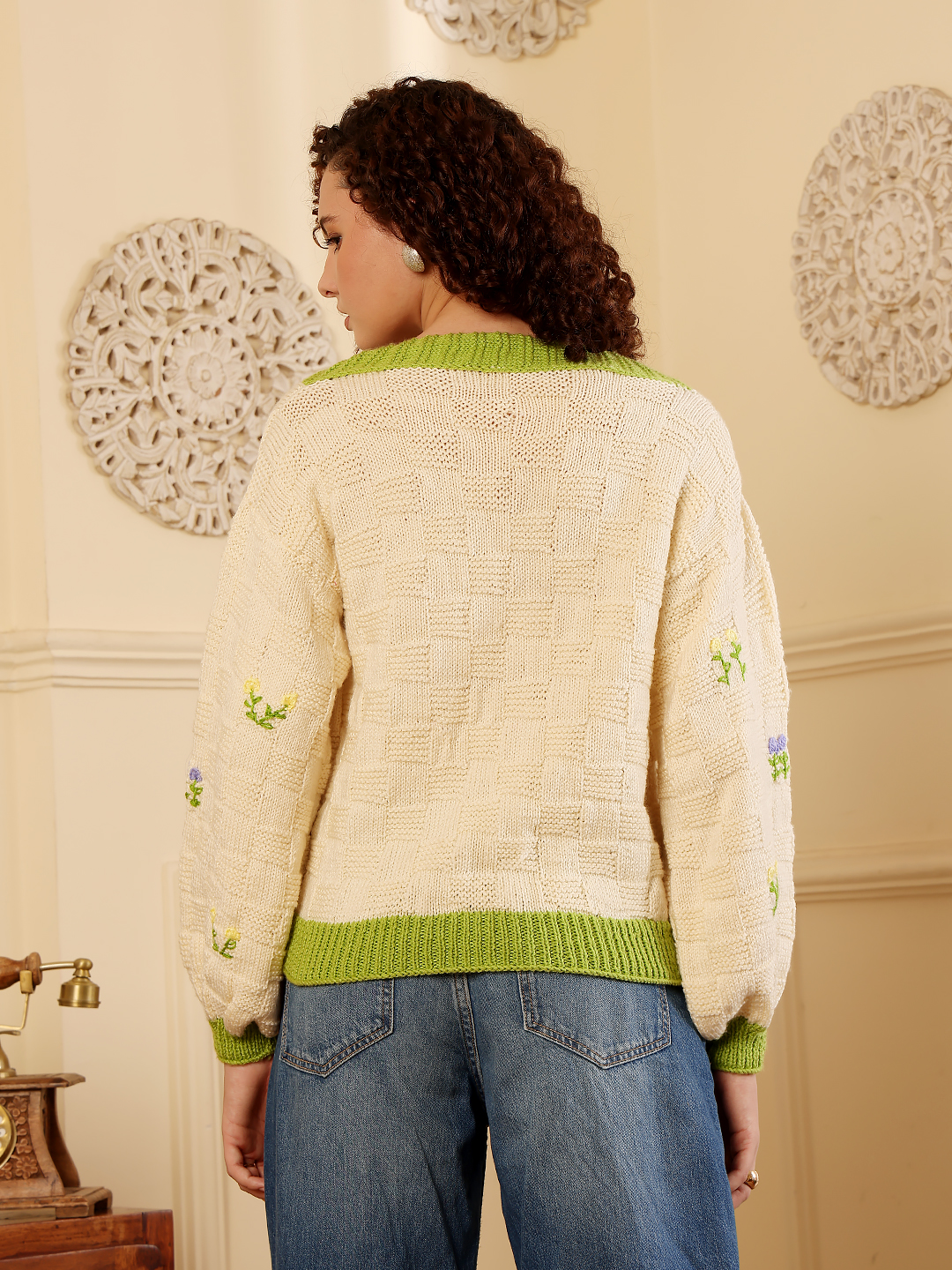 Drop Shoulder Korean Style V-Neck Sweater - Cream