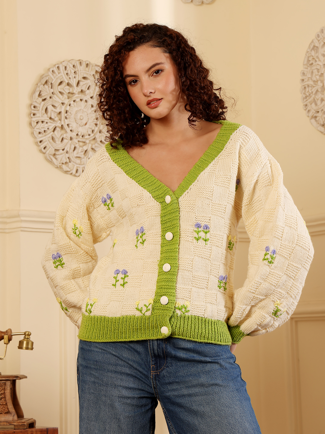 Drop Shoulder Korean Style V-Neck Sweater - Cream