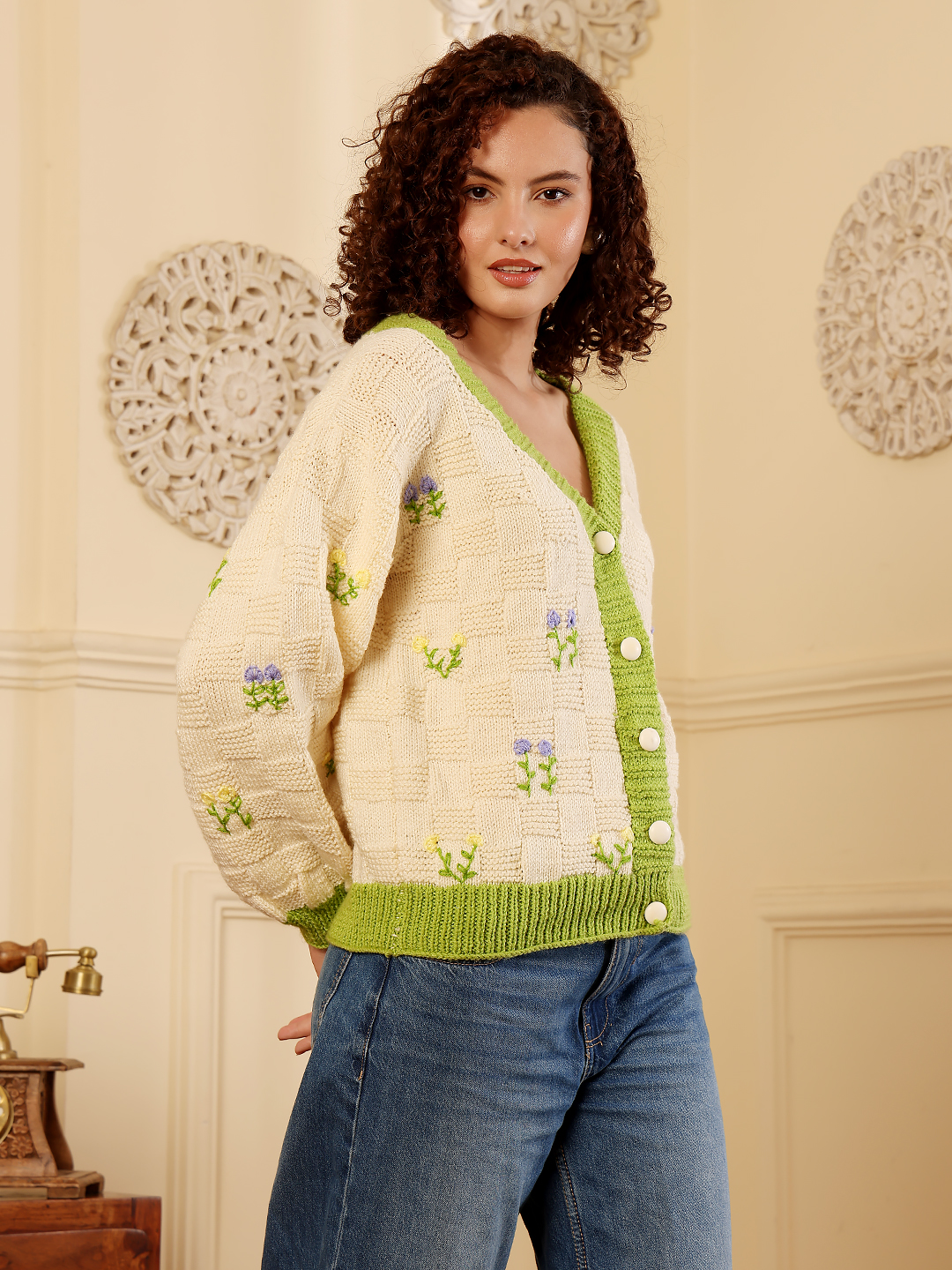 Drop Shoulder Korean Style V-Neck Sweater - Cream