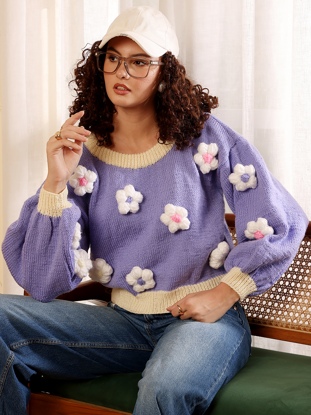Overisized Floral Pullover Sweater - Purple