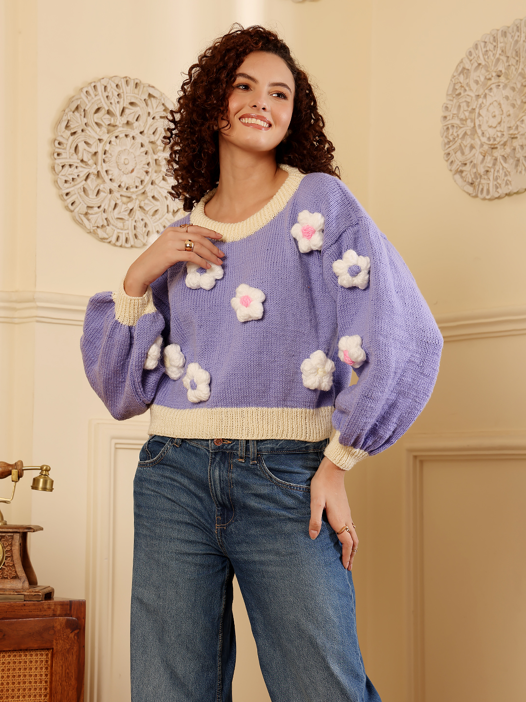 Overisized Floral Pullover Sweater - Purple