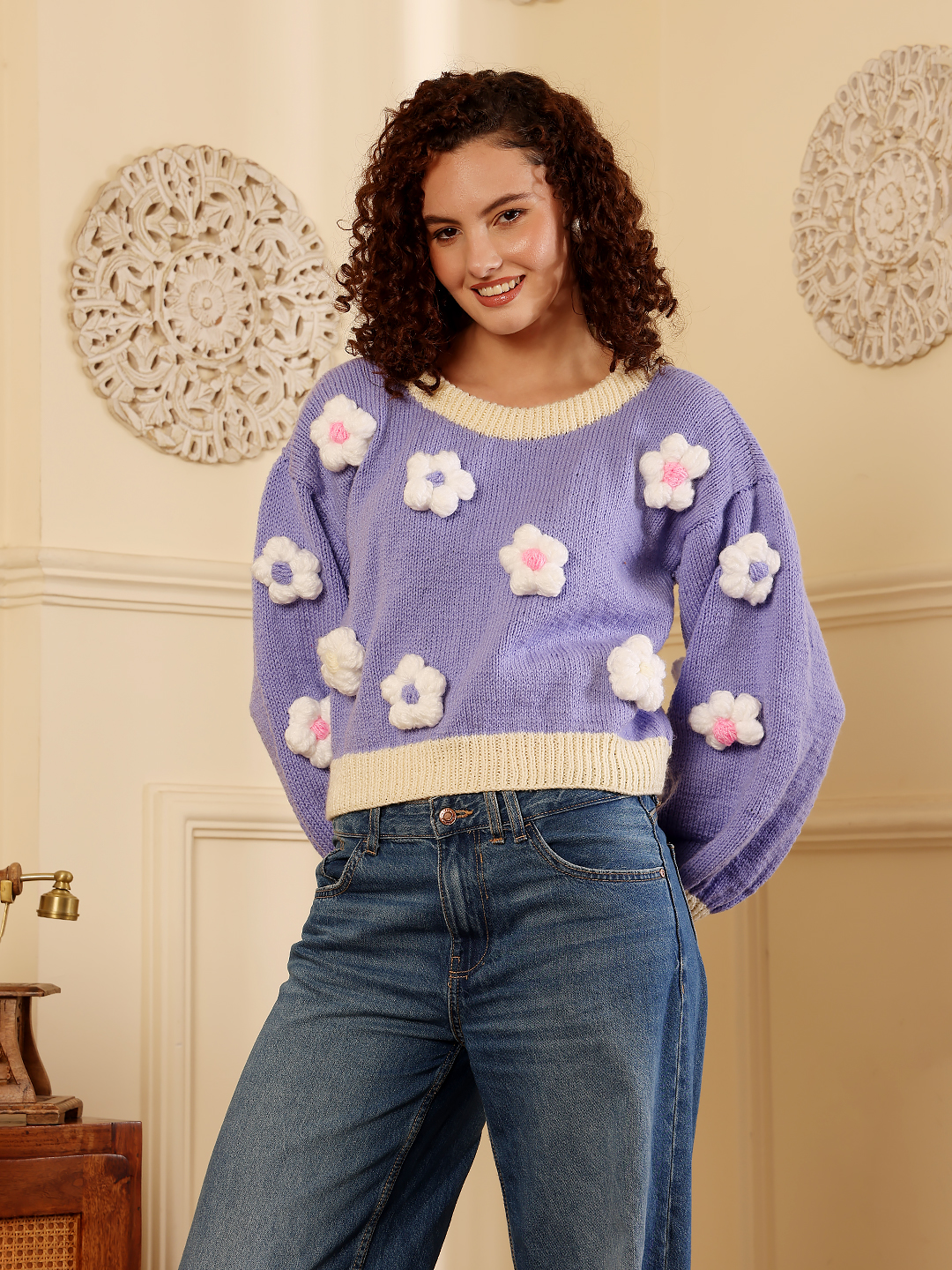 Overisized Floral Pullover Sweater - Purple