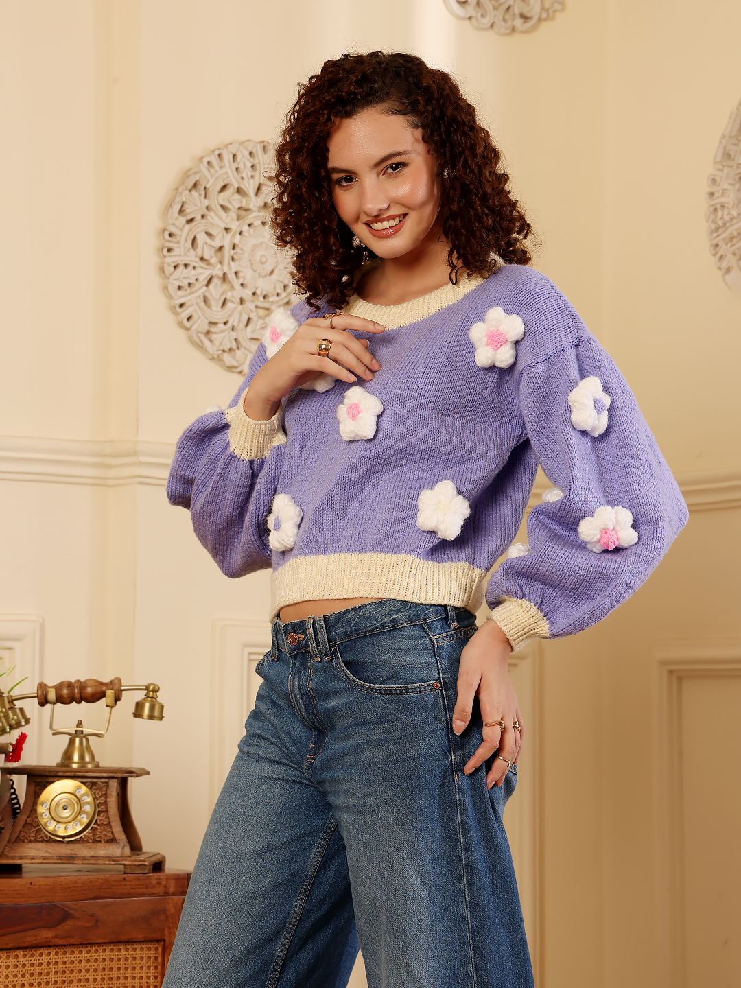 Overisized Floral Pullover Sweater - Purple