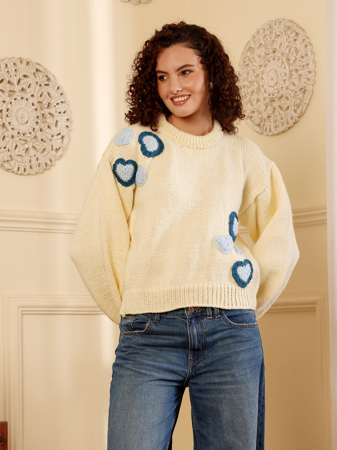 Heart Applique Knitted Sweater - Cream