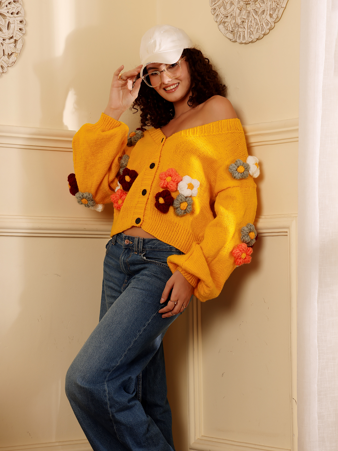 Floral V-Neck Cardigan - Yellow