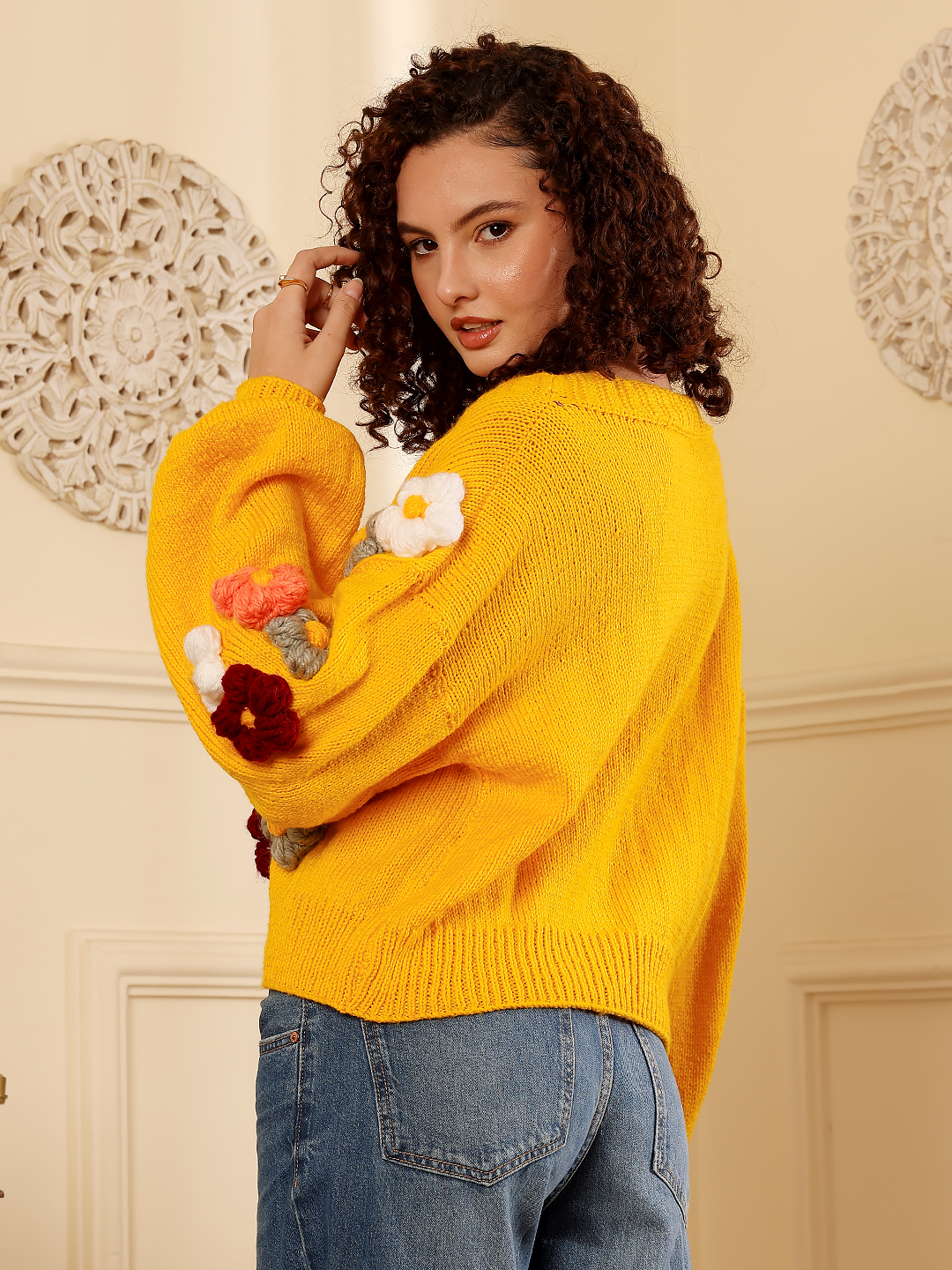 Floral V-Neck Cardigan - Yellow