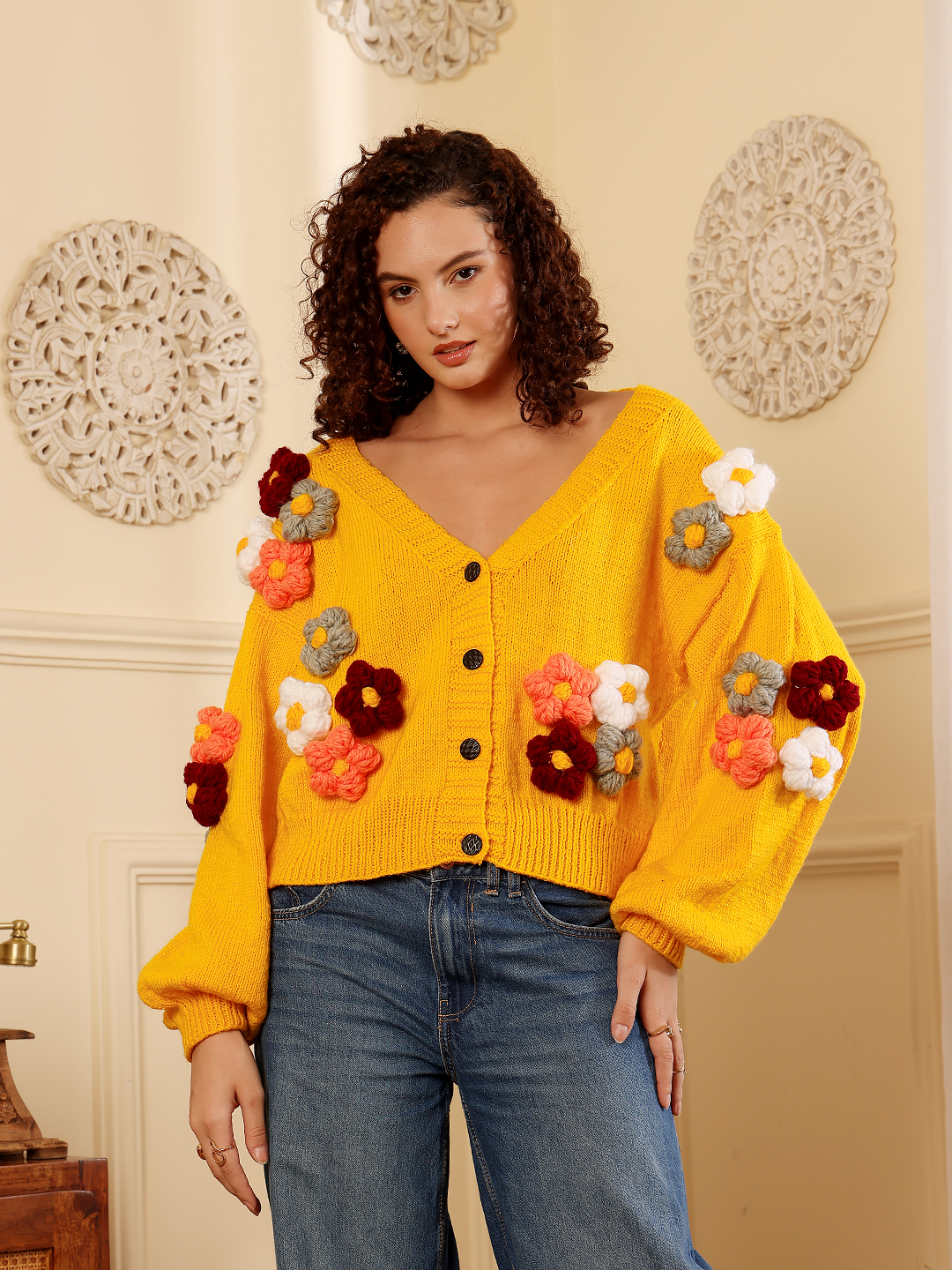 Floral V-Neck Cardigan - Yellow
