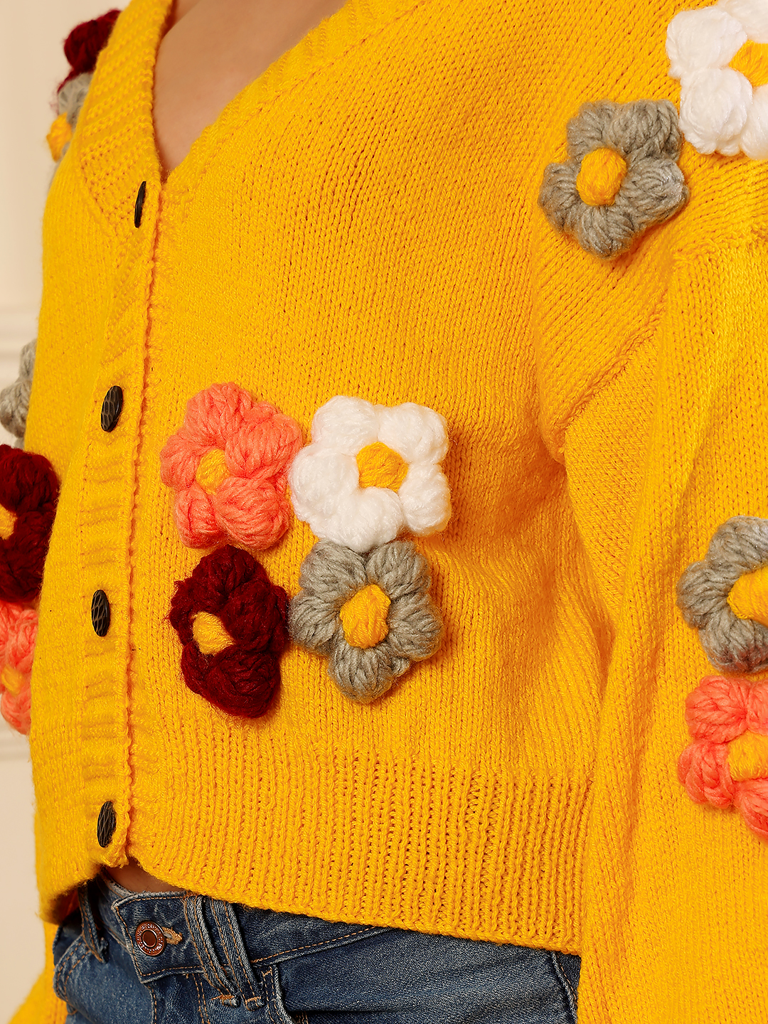 Floral V-Neck Cardigan - Yellow