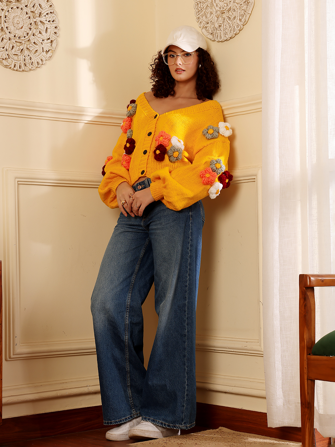Floral V-Neck Cardigan - Yellow