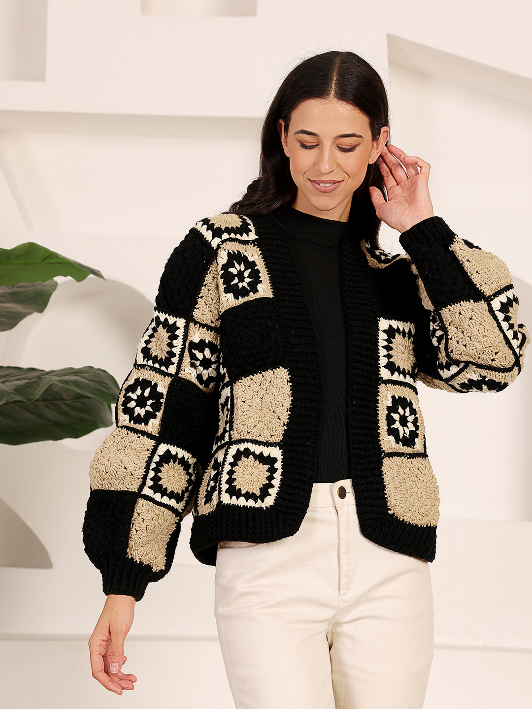 Granny Square Front Openable Sweater - Black