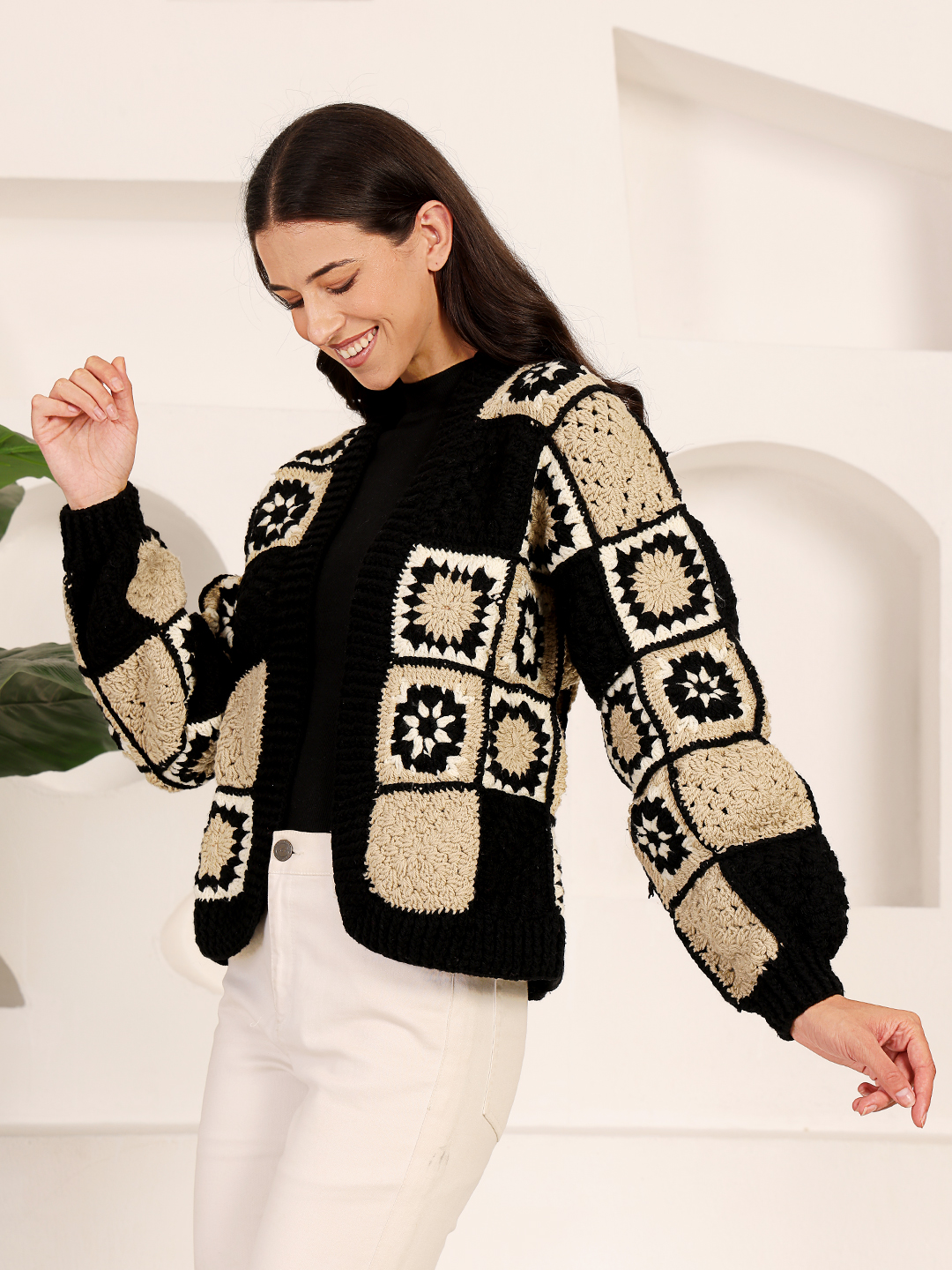 Granny Square Front Openable Sweater - Black