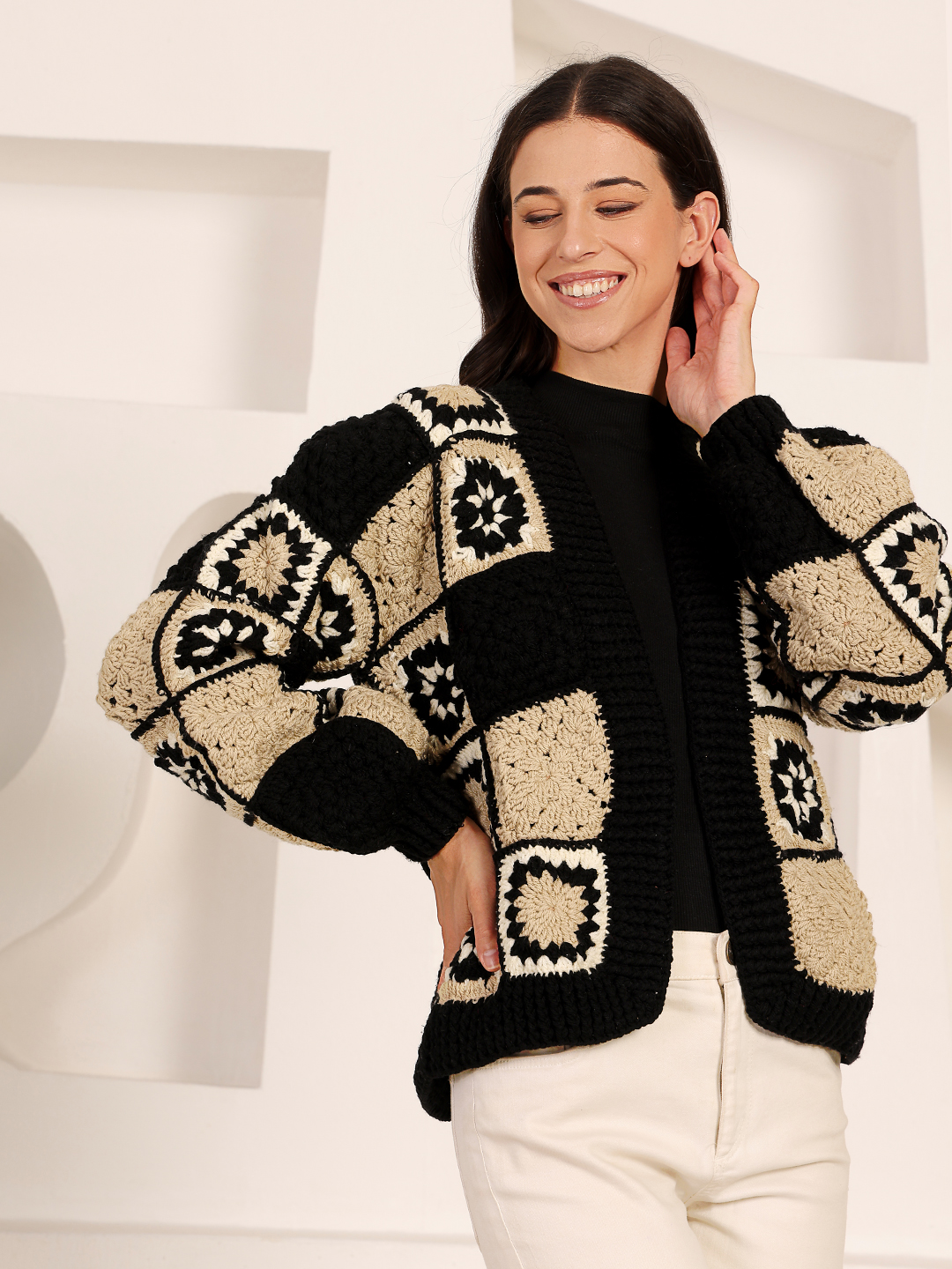 Granny Square Front Openable Sweater - Black