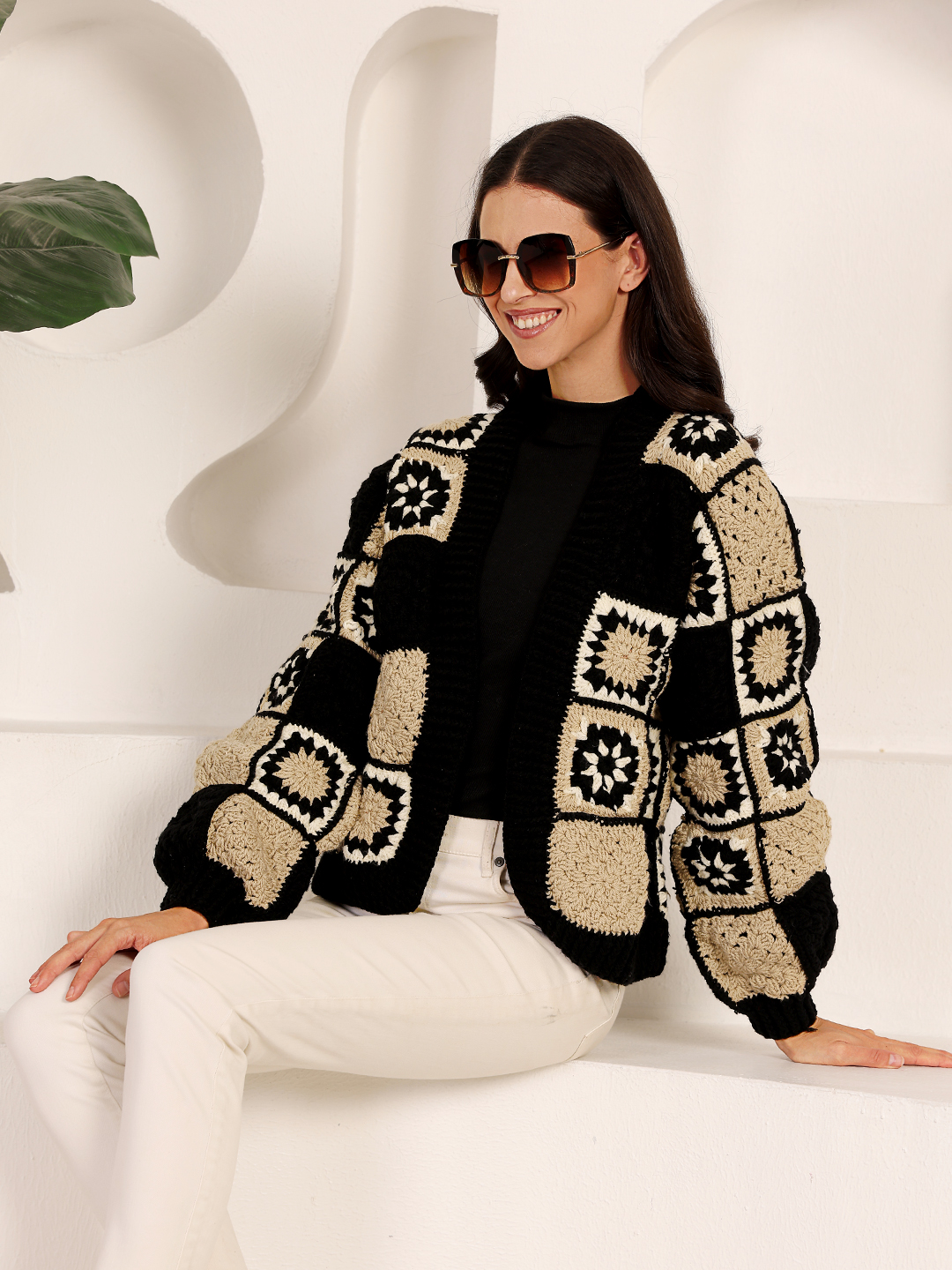 Granny Square Front Openable Sweater - Black
