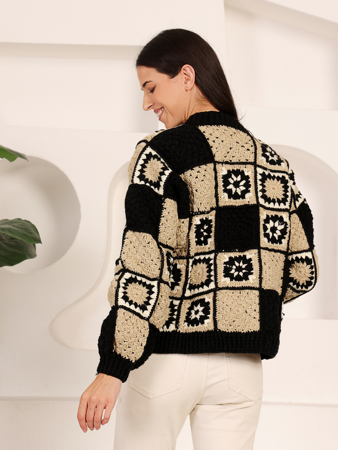 Granny Square Front Openable Sweater - Black