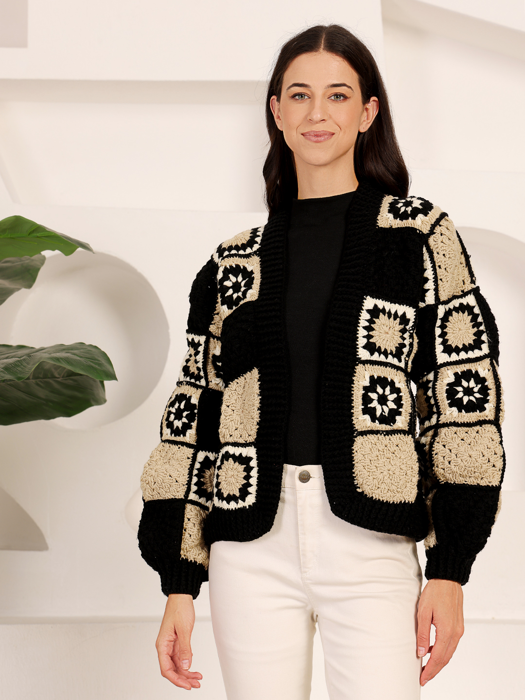 Granny Square Front Openable Sweater - Black