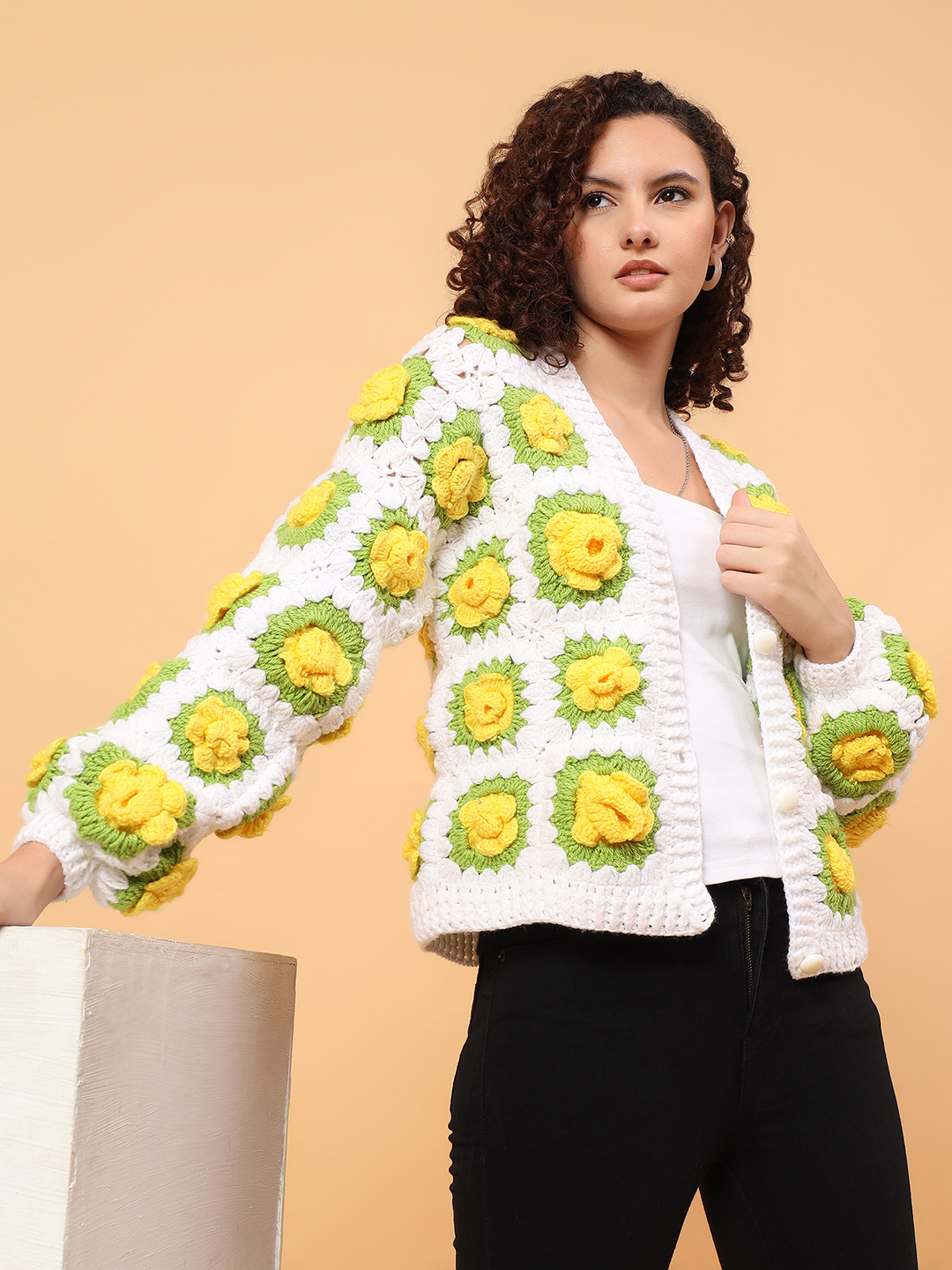 Velvery 3D Crochet Floral Cardigan - White