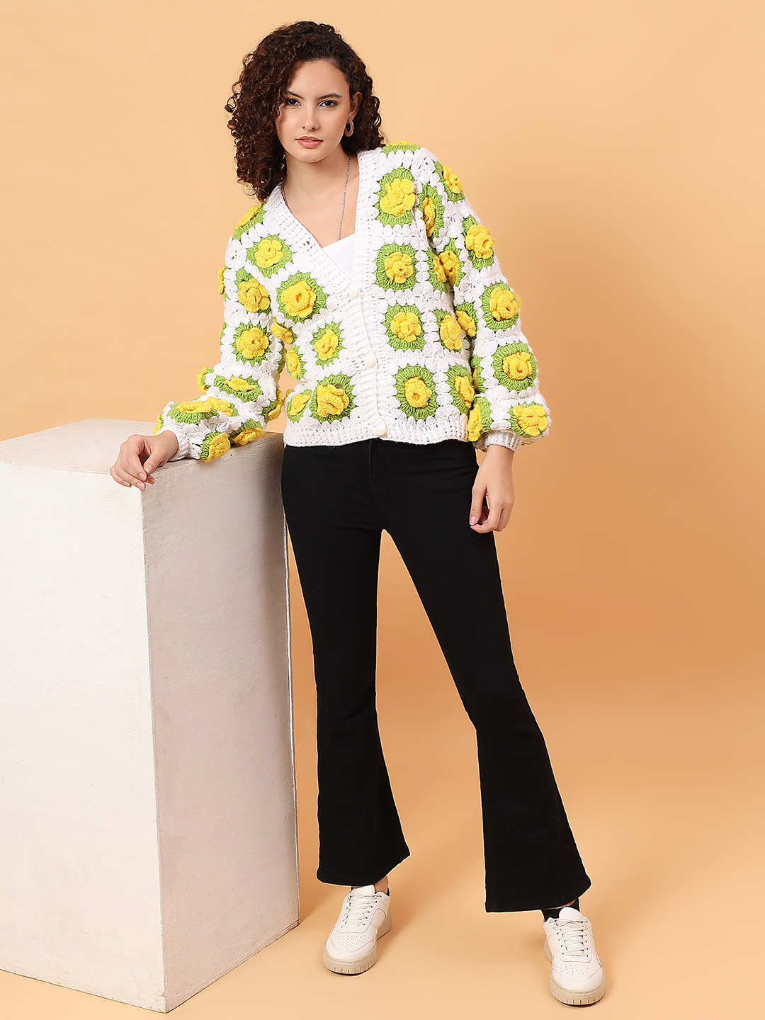 Velvery 3D Crochet Floral Cardigan - White