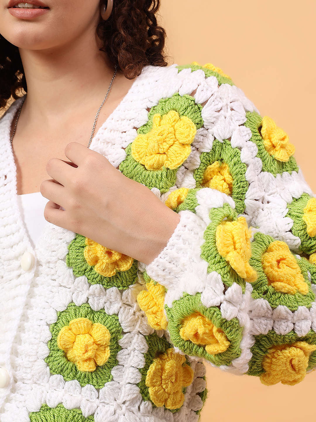 Velvery 3D Crochet Floral Cardigan - White