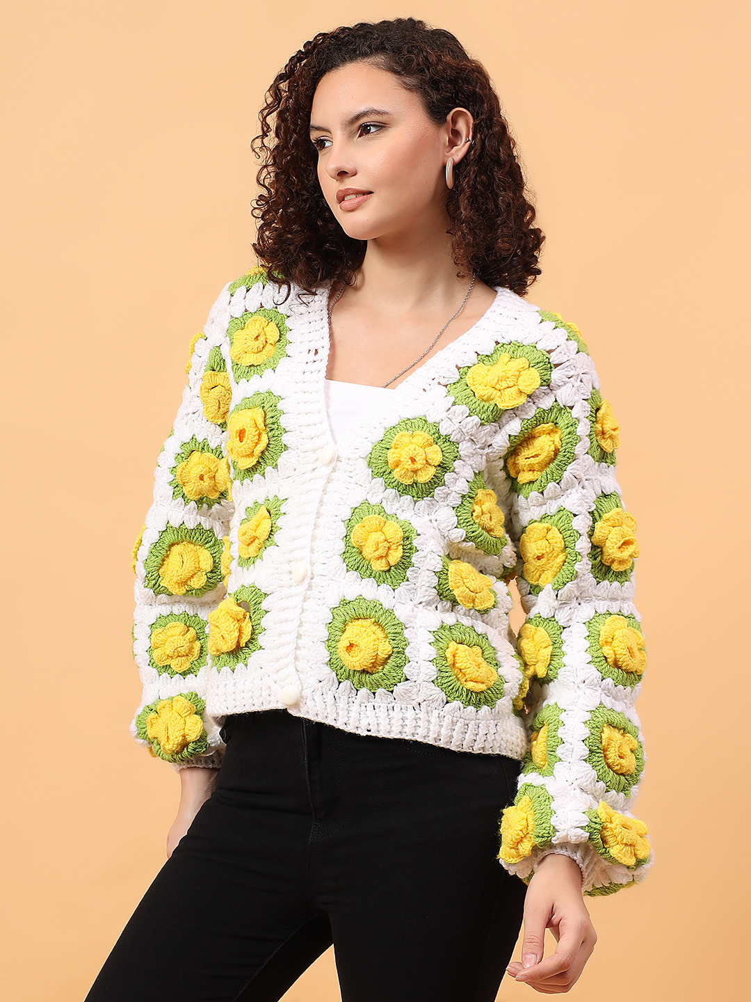 Velvery 3D Crochet Floral Cardigan - White