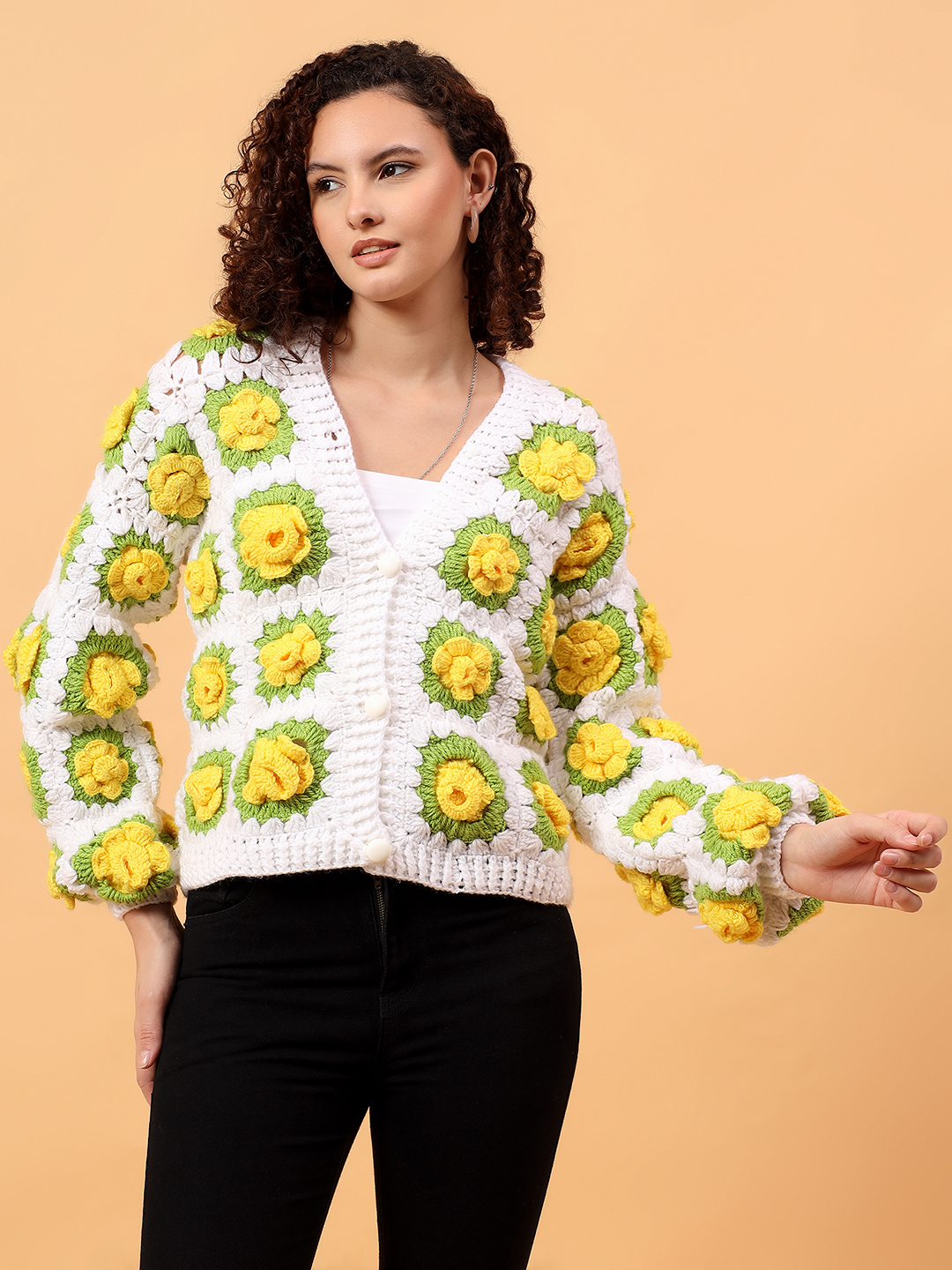 Velvery 3D Crochet Floral Cardigan - White