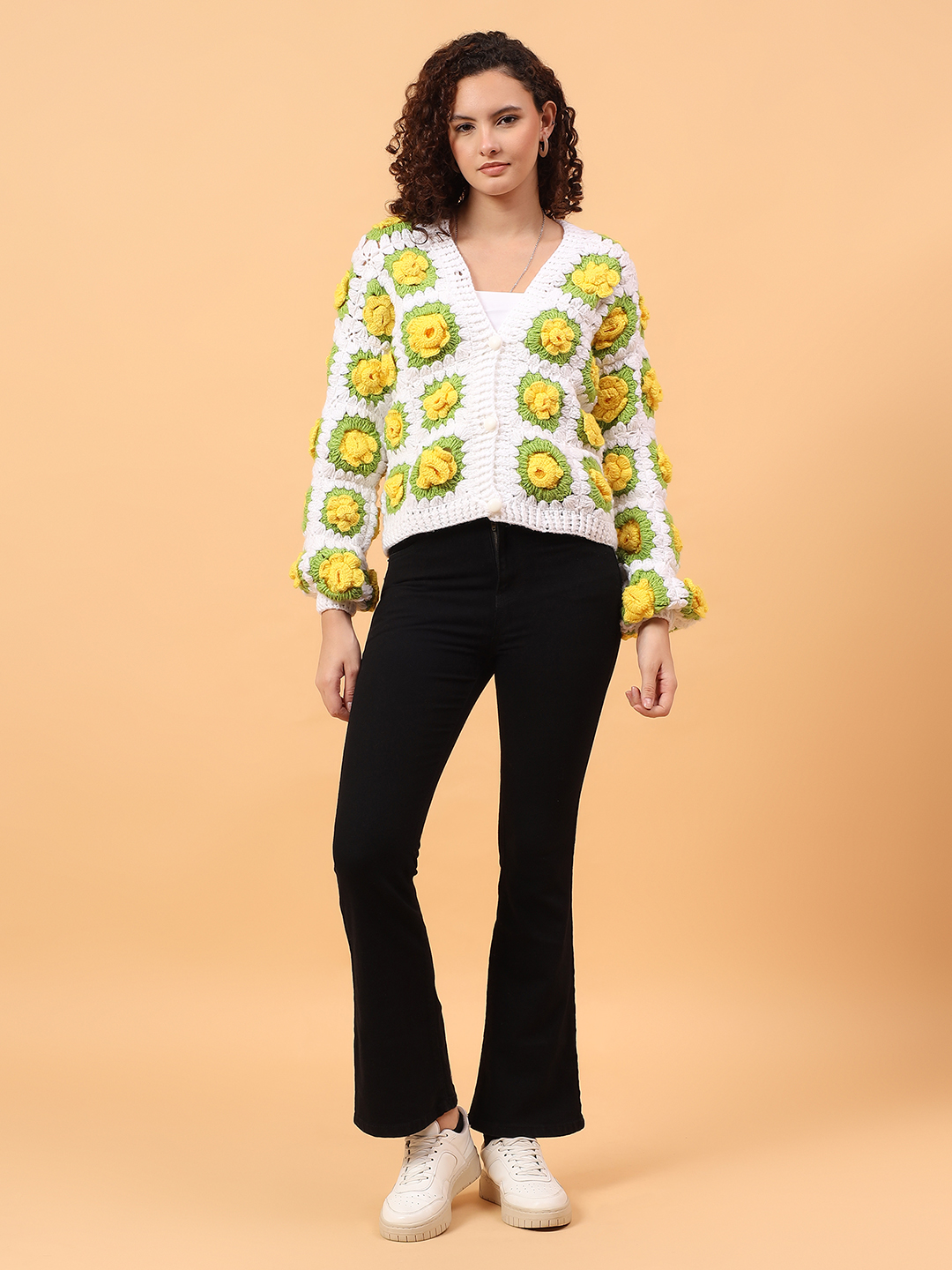 Velvery 3D Crochet Floral Cardigan - White