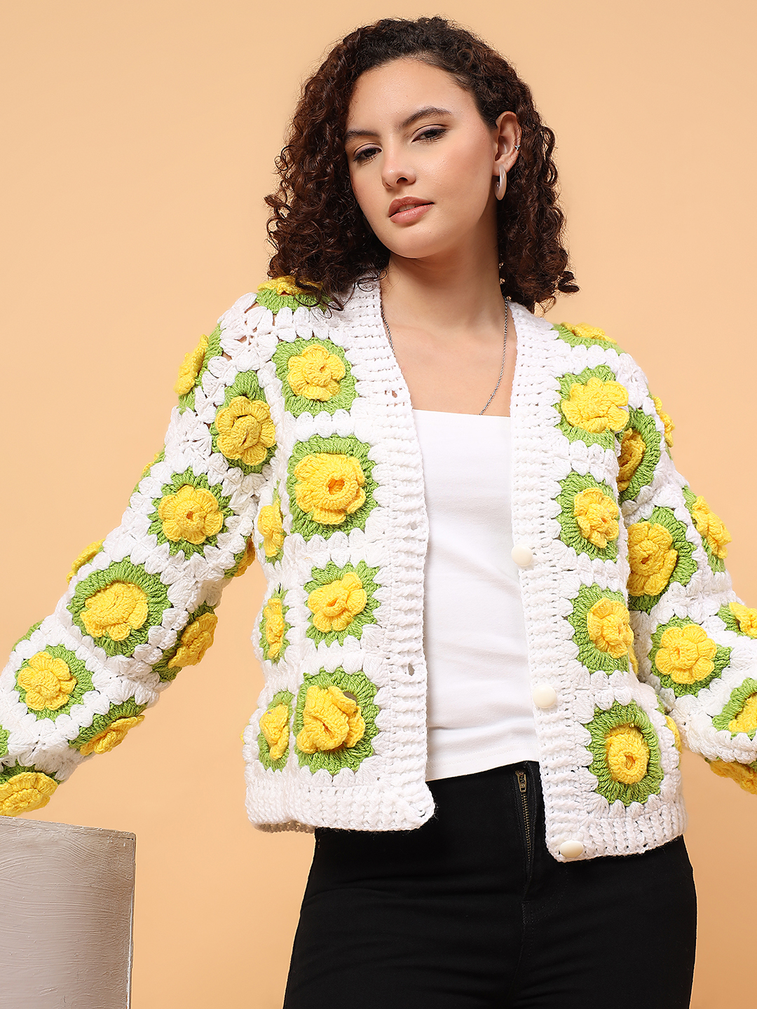 Velvery 3D Crochet Floral Cardigan - White