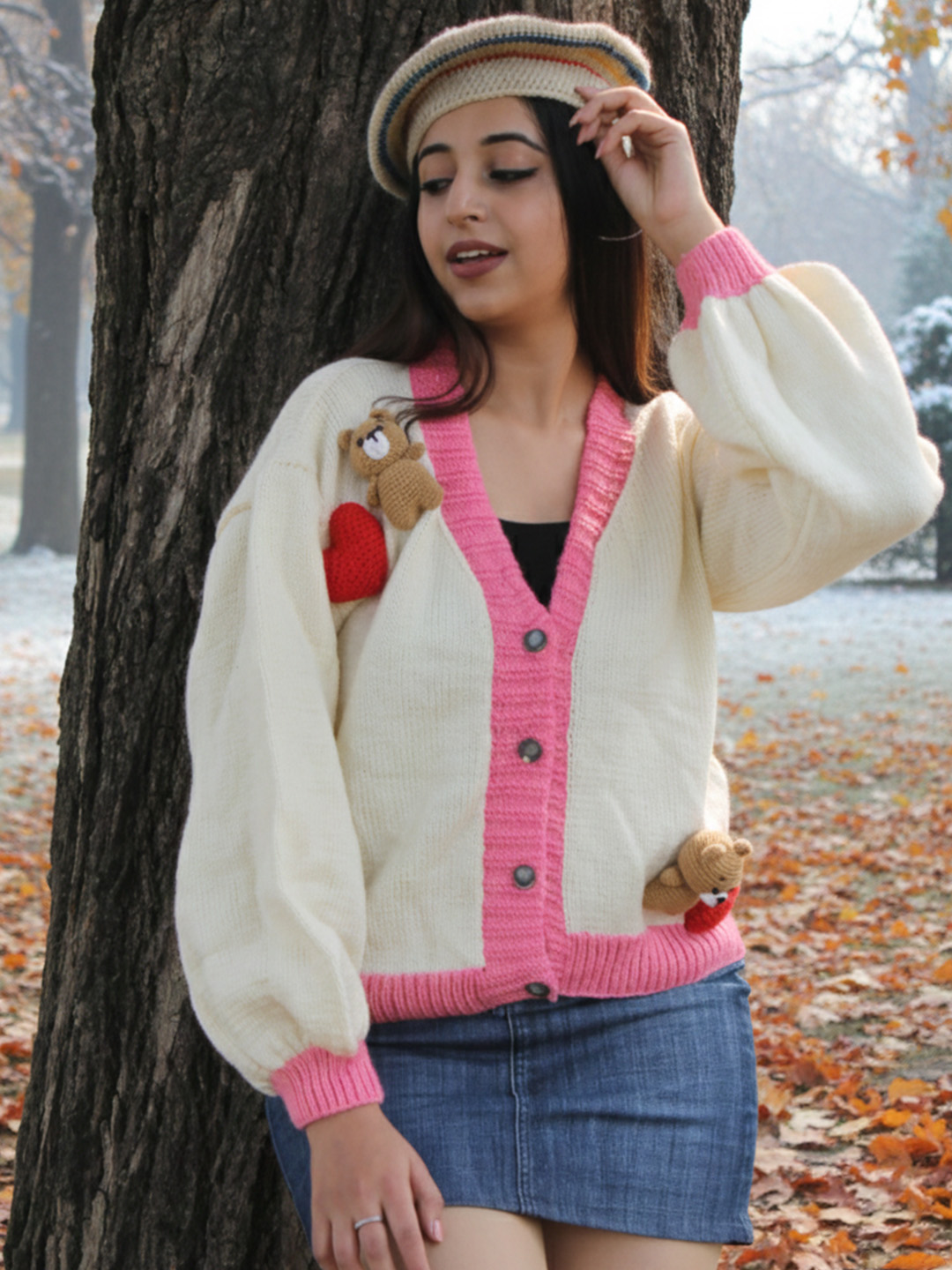 Relaxed Fit 3D Heart & Bear Applique Cardigan