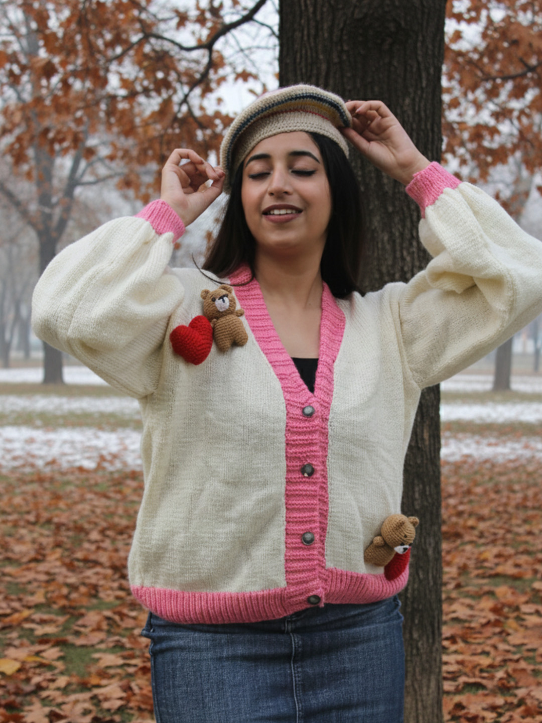 Relaxed Fit 3D Heart & Bear Applique Cardigan