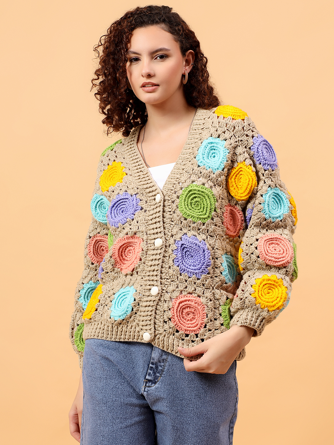 Velvery Crochet Rose Cardigan - Beige