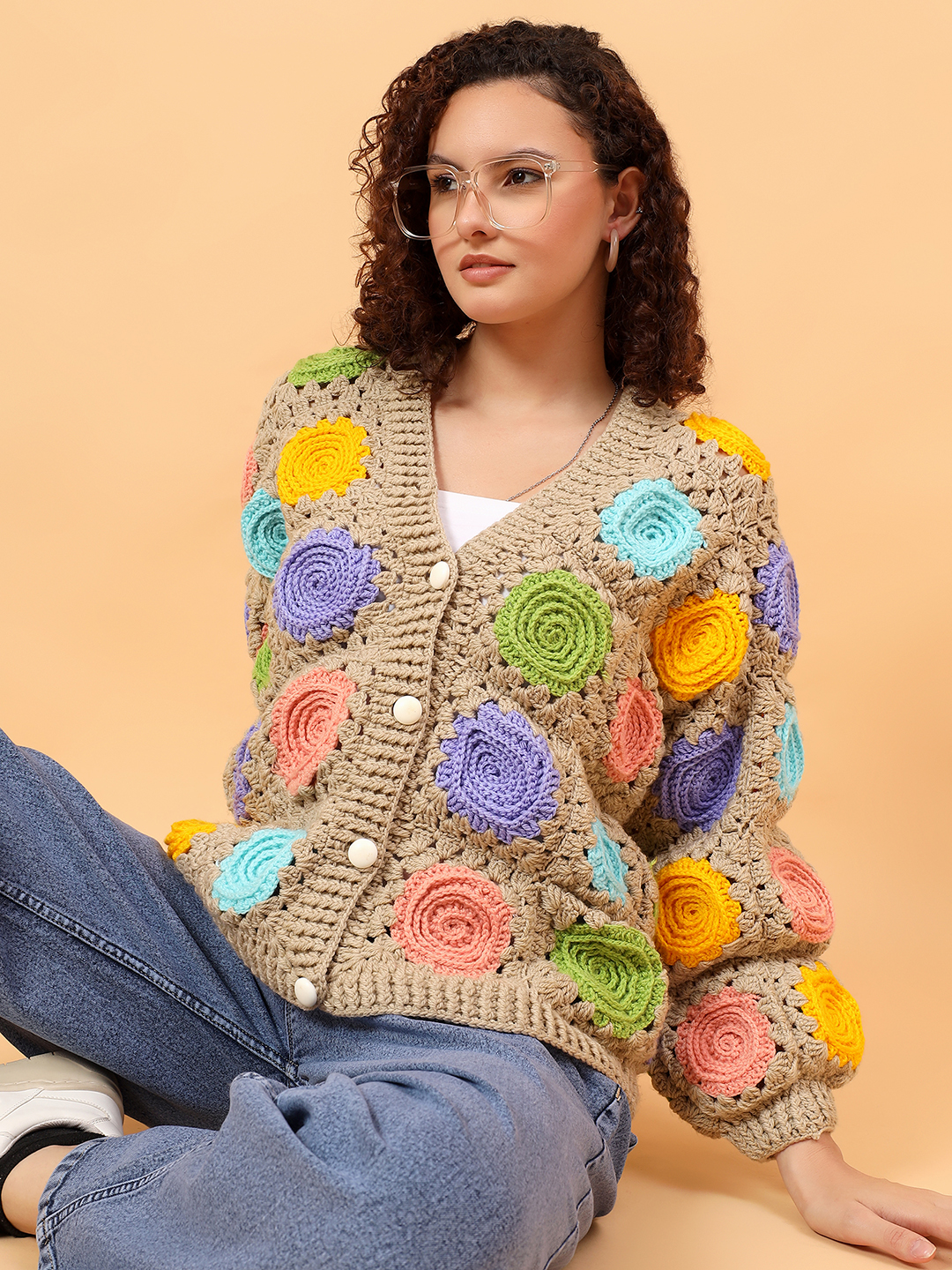 Velvery Crochet Rose Cardigan - Beige