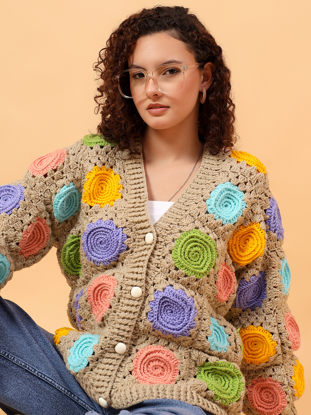 Velvery Crochet Rose Cardigan - Beige