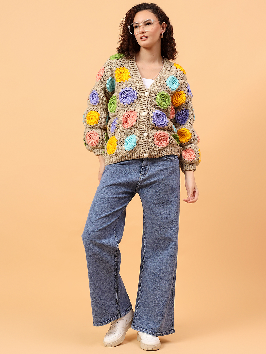 Velvery Crochet Rose Cardigan - Beige