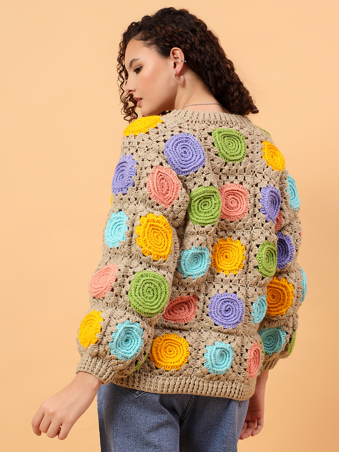 Velvery Crochet Rose Cardigan - Beige