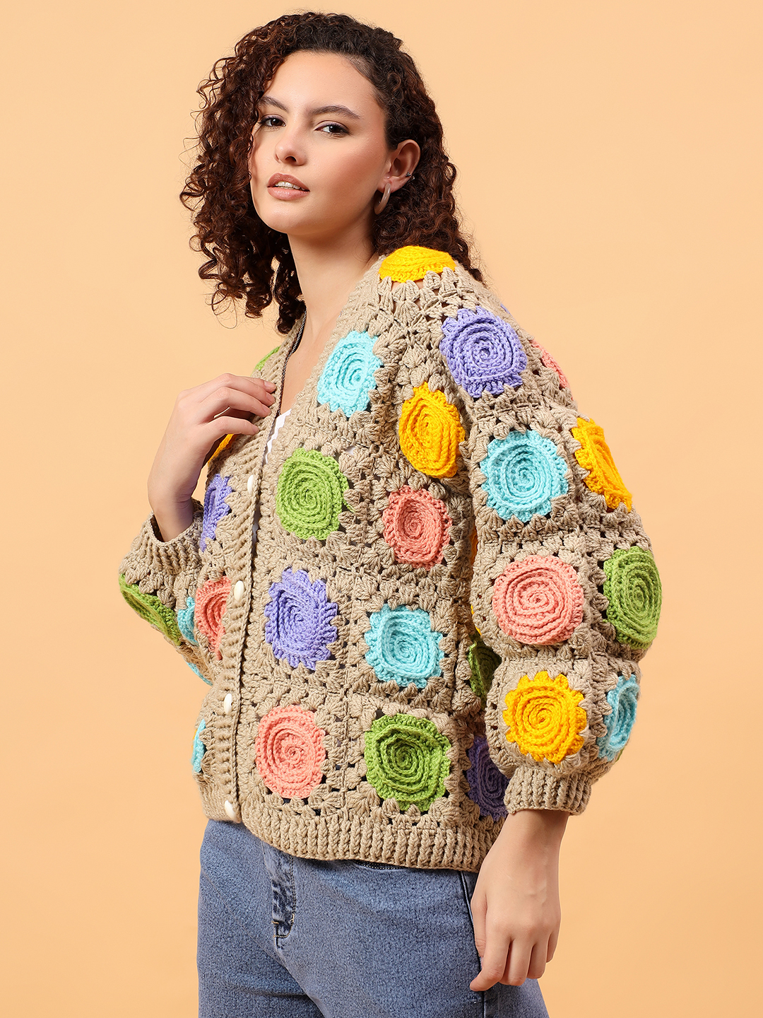 Velvery Crochet Rose Cardigan - Beige