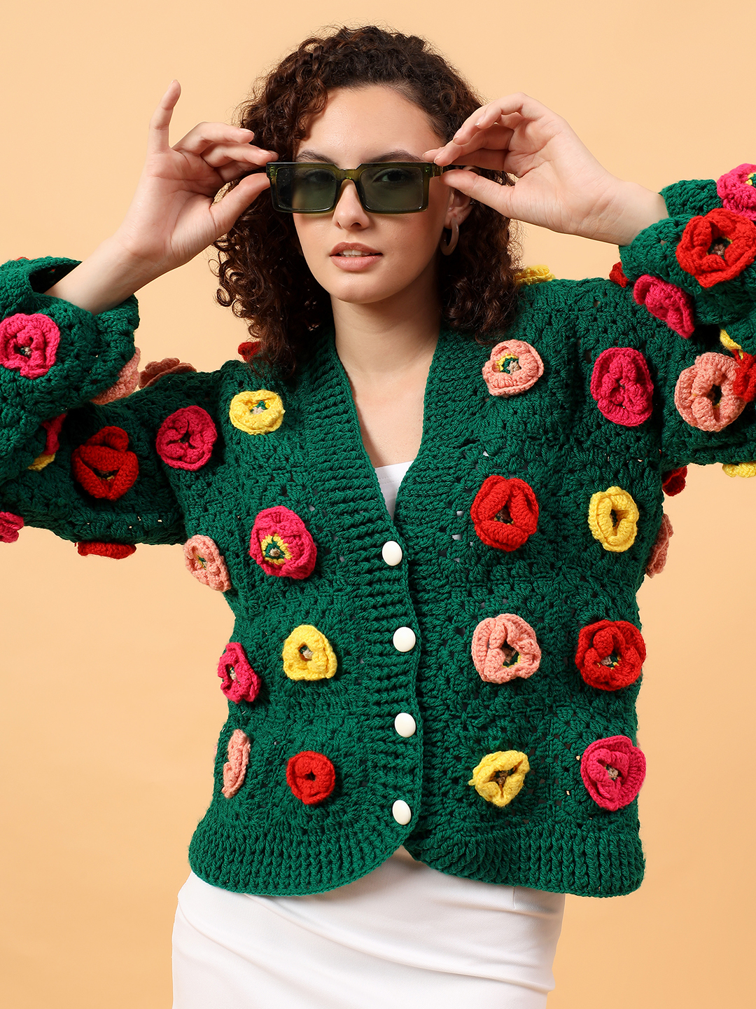 Velvery Crochet Floral Garland Cardigan - Green