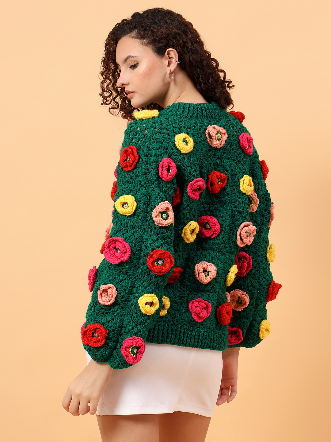 Velvery Crochet Floral Garland Cardigan - Green