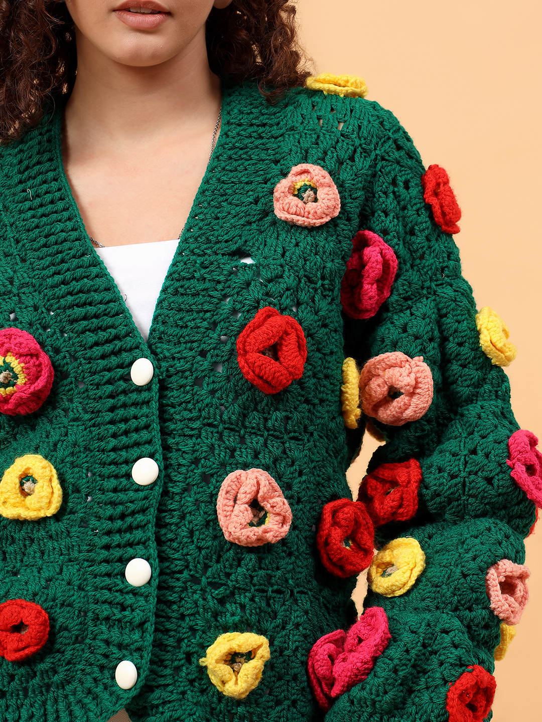 Velvery Crochet Floral Garland Cardigan - Green