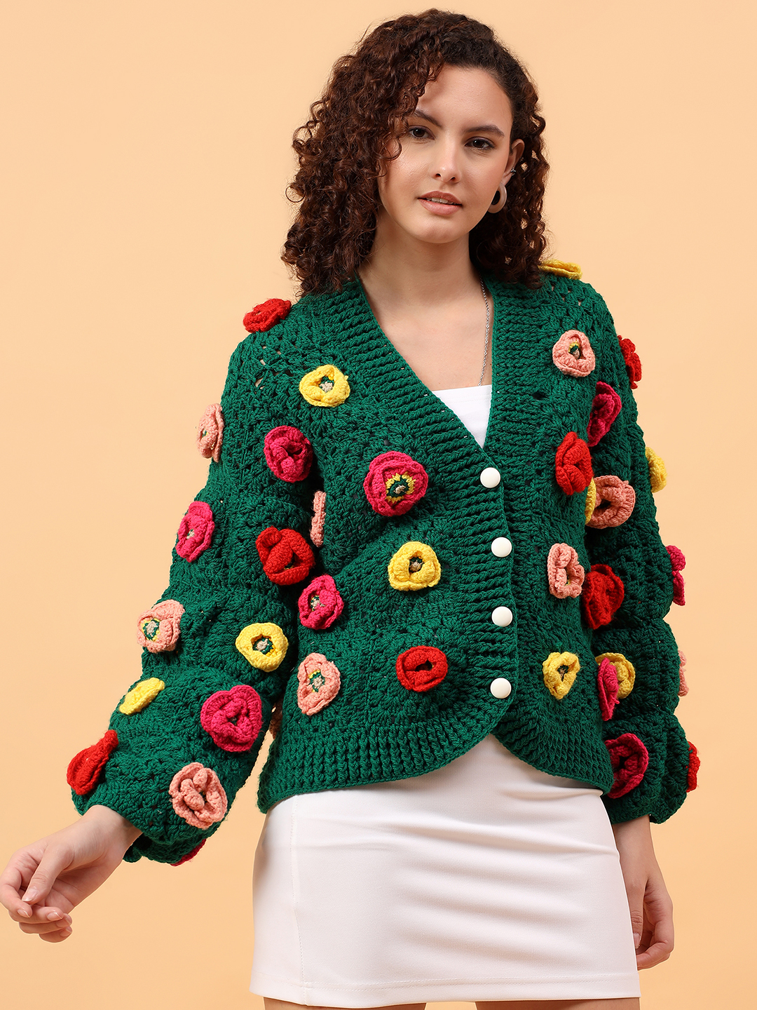 Velvery Crochet Floral Garland Cardigan - Green