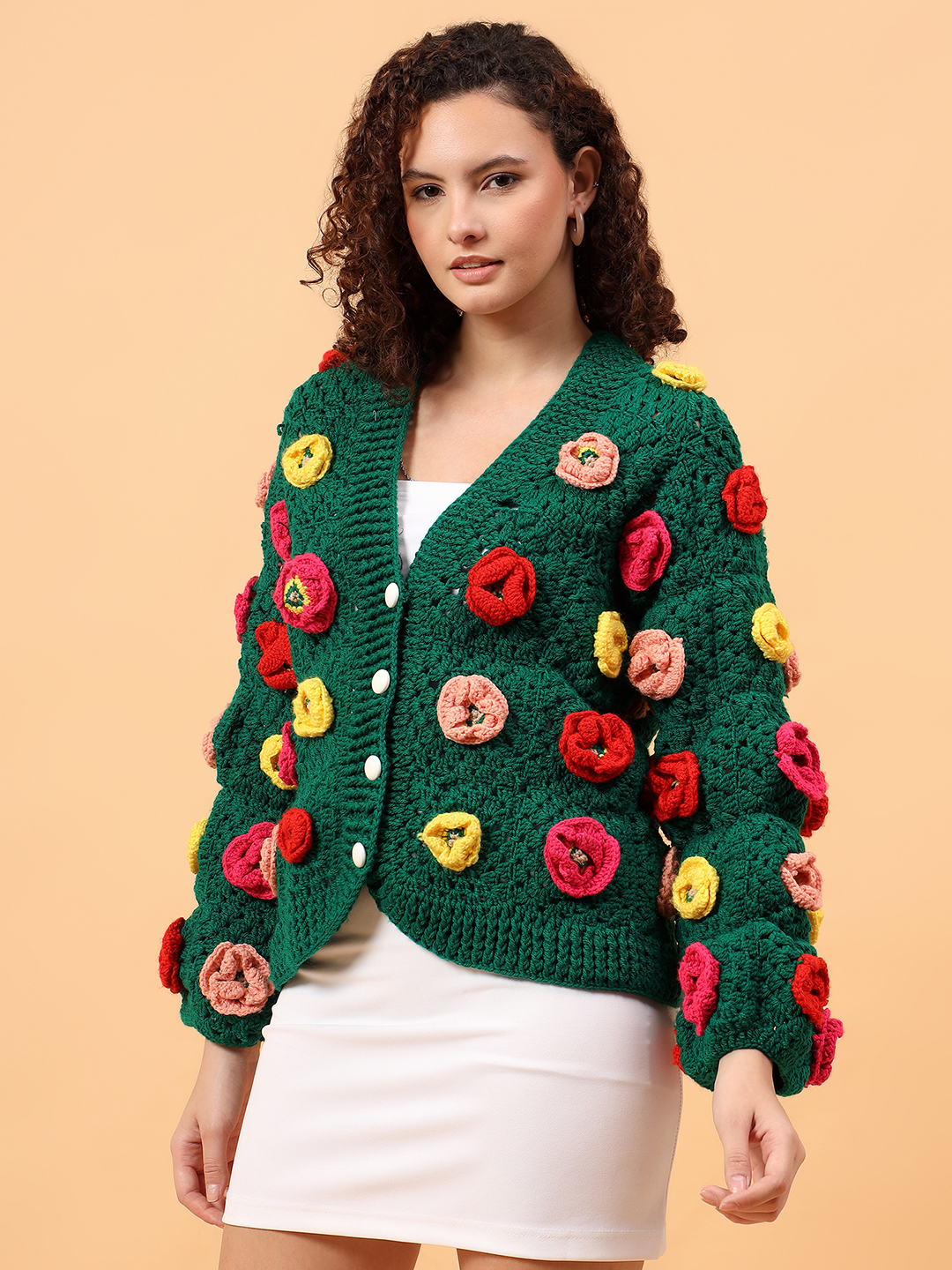 Velvery Crochet Floral Garland Cardigan - Green