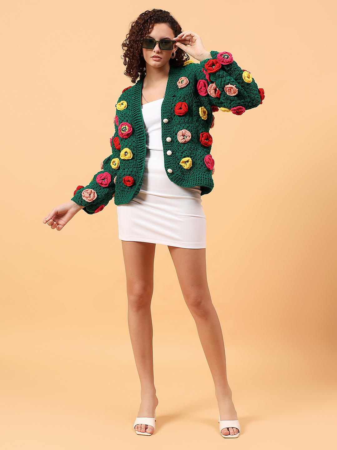 Velvery Crochet Floral Garland Cardigan - Green