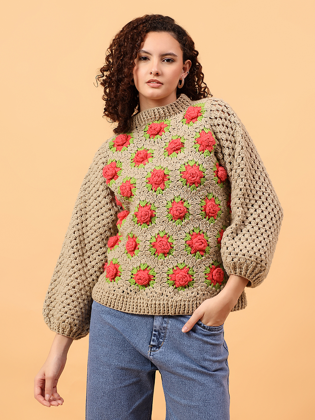 3D Crochet Rose Pullover  - Beige
