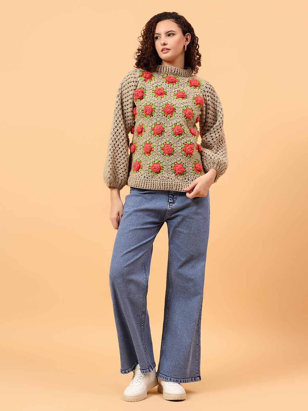 3D Crochet Rose Pullover  - Beige