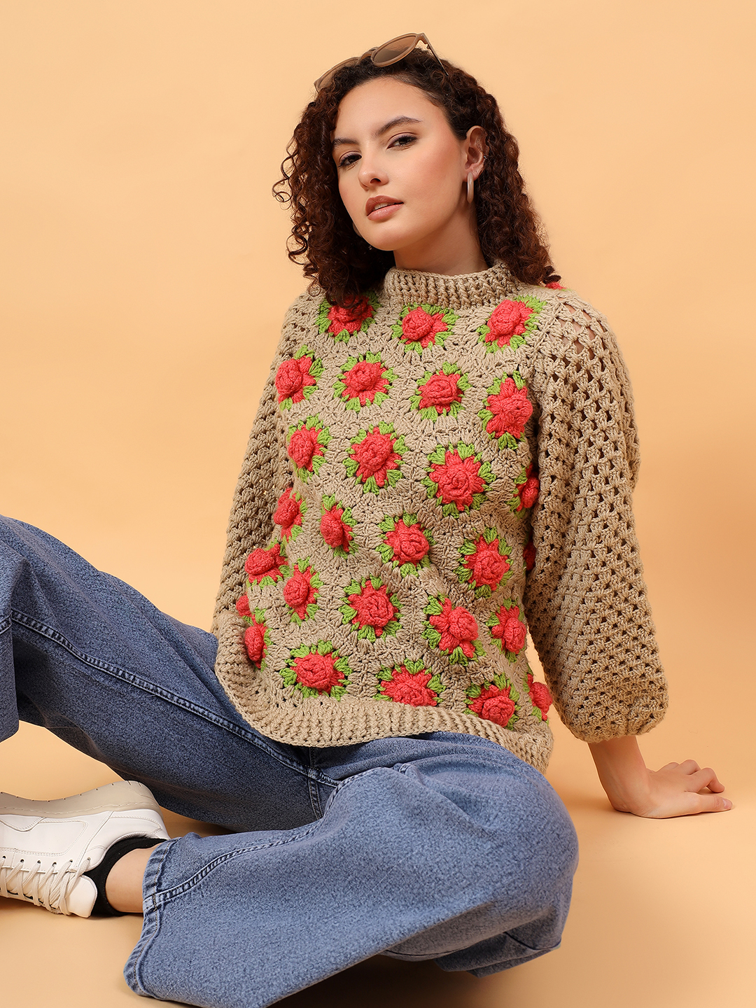 3D Crochet Rose Pullover  - Beige
