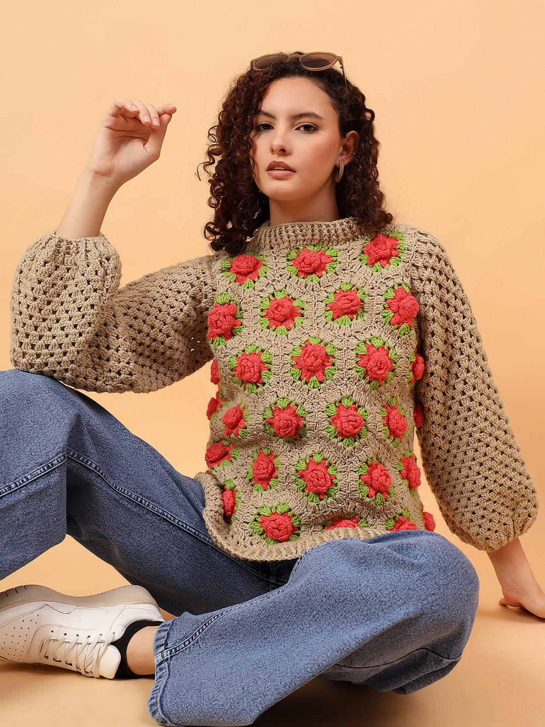 3D Crochet Rose Pullover  - Beige