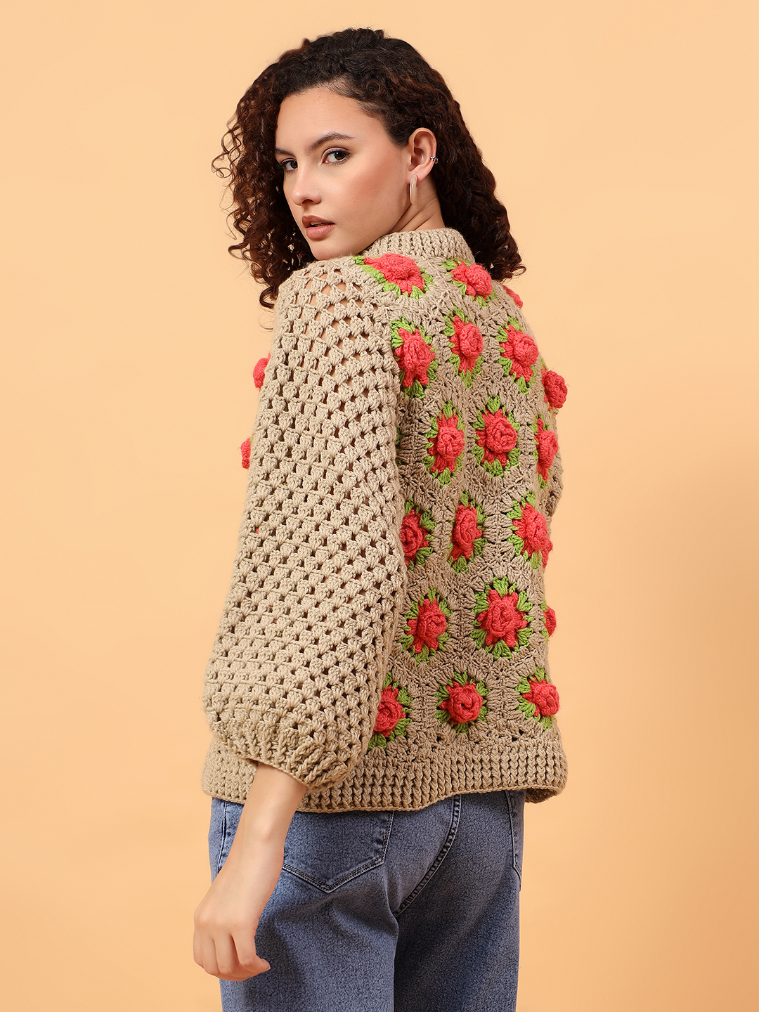 3D Crochet Rose Pullover  - Beige