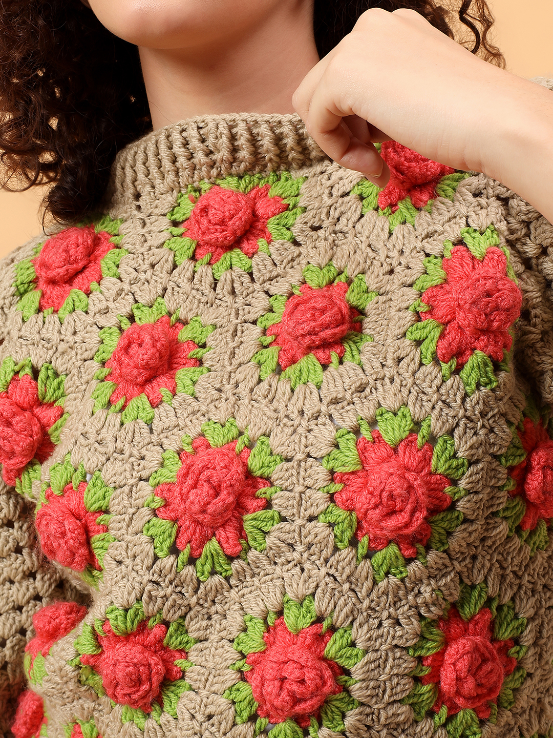 3D Crochet Rose Pullover  - Beige