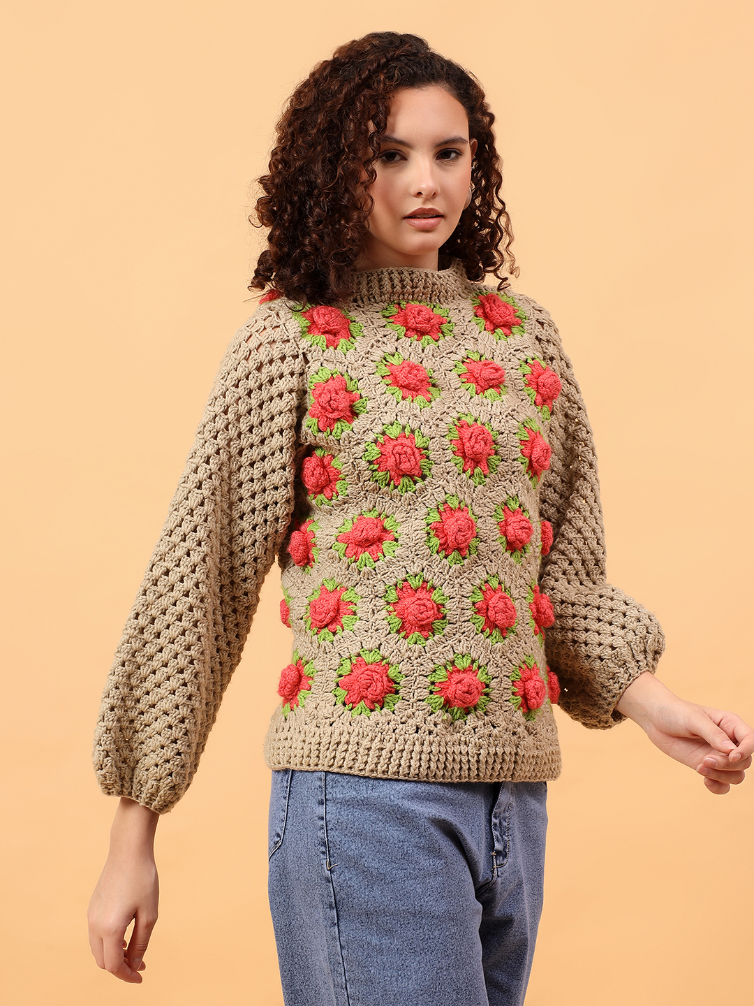 3D Crochet Rose Pullover  - Beige
