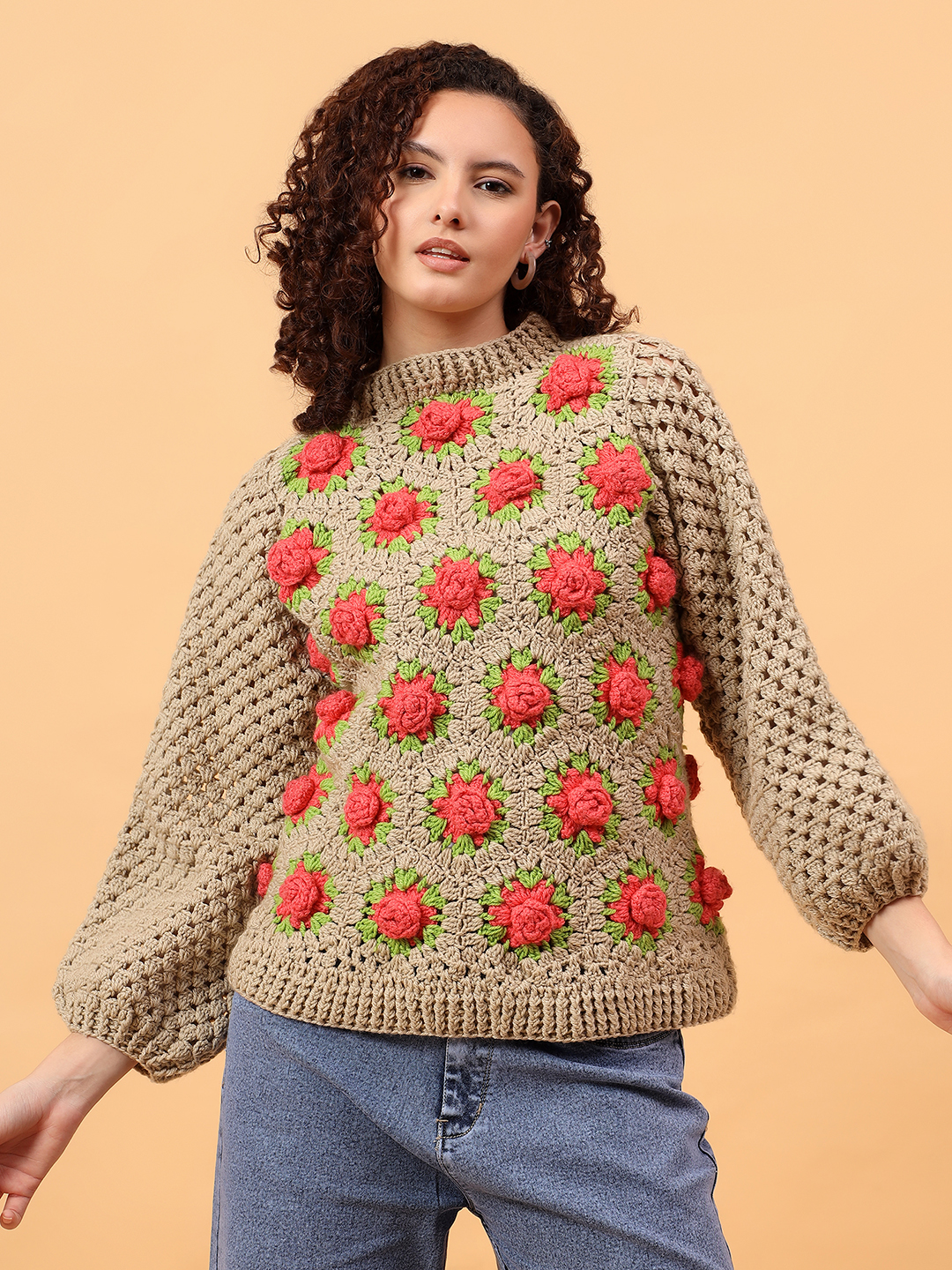 3D Crochet Rose Pullover  - Beige